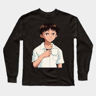 Shinji Holding a Mug HD  90s grain Texture Restored image Neon Genesis Evangelion Long Sleeve T-Shirt